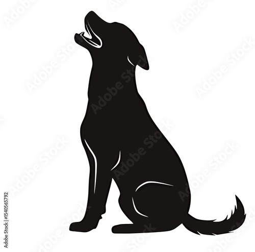 Silhouette of a joyful black dog sitting, with mouth open in a playful expression.