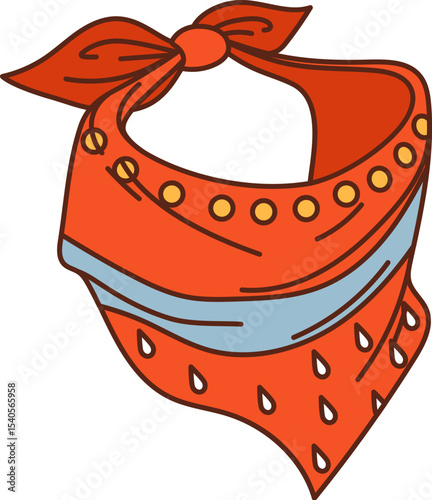 Cartoon groovy wild west western cowboy or bandit bandana, featuring a red fabric with decorative patterns and tied knot. Isolated vector classic ranger neck scarf accessory with outlaw y2k aesthetic