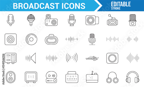 Broadcast Icons Collection: Line Drawings of Microphones, Speakers, and Cameras