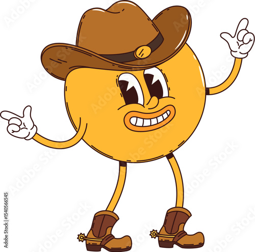 Groovy western wild west cowboy yellow smile cartoon character with lively finger gun gestures. Vector emoji retro hippie personage with happy smiling face emotions, rancher hat, gloves and boots