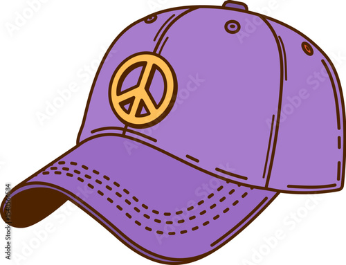 Cartoon groovy baseball cap with peace symbol. Vector purple cap or headwear in retro y2k hippie design features curved visor and stitching detail expressing fun and nostalgic sporty vibe
