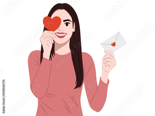 Woman showing heart. Romantic poster or banner, valentines day invitation card. Flirt and positive emotions and gestures.	