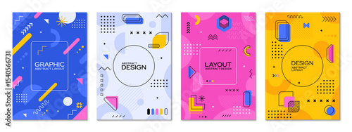 Modern Memphis posters, cover backgrounds with abstract geometric shapes. Vector playful cards or story post templates, feature vibrant colors, simple patterns in retro modern style of the 1980s