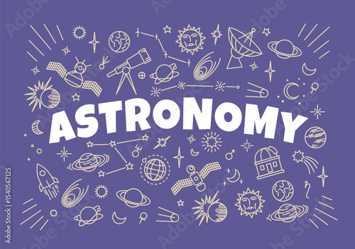 Astronomy symbols and icons on school board, vector education. Space planets, Moon and Sun star, telescope and orbit satellite sketch chalk signs, universe galaxy solar system