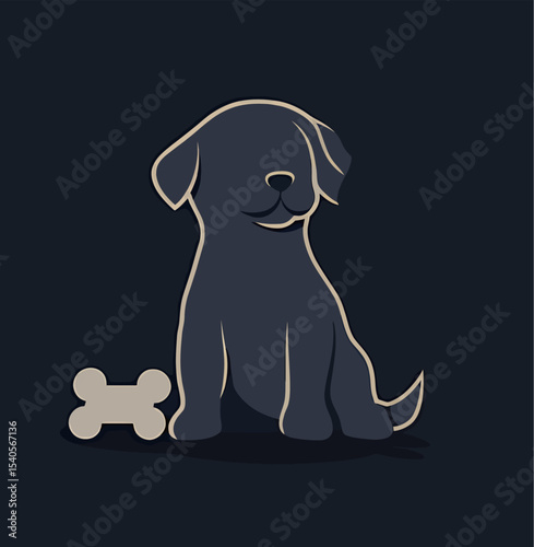 Cute black puppy sitting next to a bone on a dark background.