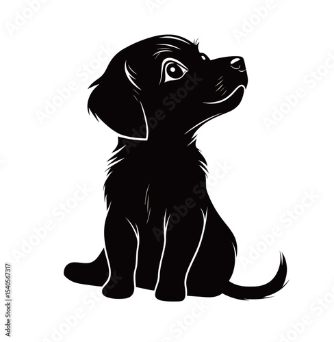 Adorable black silhouette of a puppy looking up with curiosity.