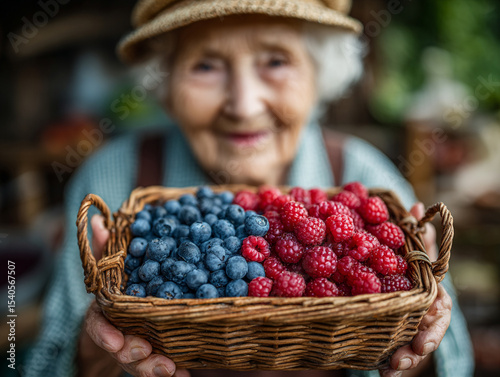 Close-up of fresh berries in a woven basket held by an elderly woman with a joyful expression 