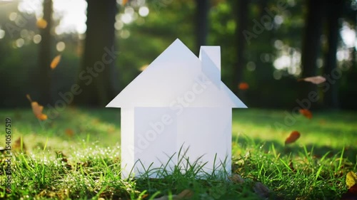 Small white paper house in grassy autumn woodland. Ideal for seasonal designs, real estate marketing, nature backgrounds, and conceptual art projects.