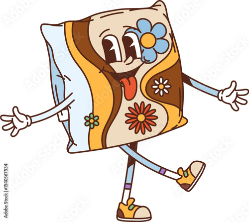 Cartoon groovy pillow furniture and interior character with cheerful embroidered floral pattern, tongue out and open arms. Vector retro funny cushion personage with funky y2k hippie vibe and sneakers