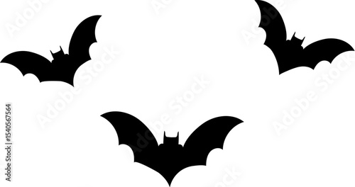 Cartoon groovy black silhouette of three flying bats, Halloween symbol of mystery, night, darkness and gothic horror. Isolated vector vampire animal shadows for spooky decorations, eerie bats swarm