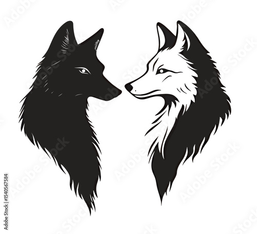 Stylized illustration of a black and white wolf face duo, representing duality.