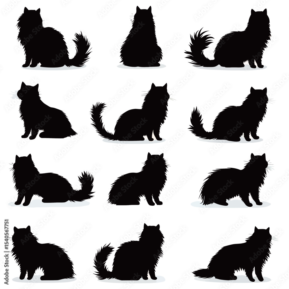 Obraz premium Collection of black cat silhouettes in various poses on a white background.