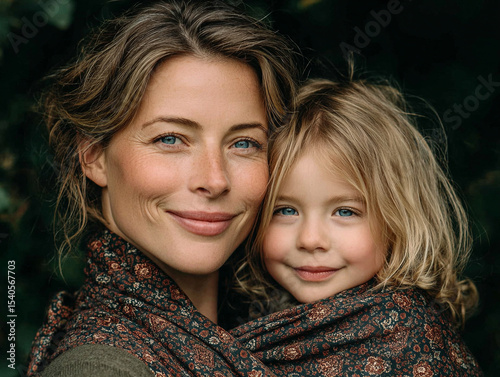 Close-up portrait of a mother holding her child in a wrap with folk print, both smiling