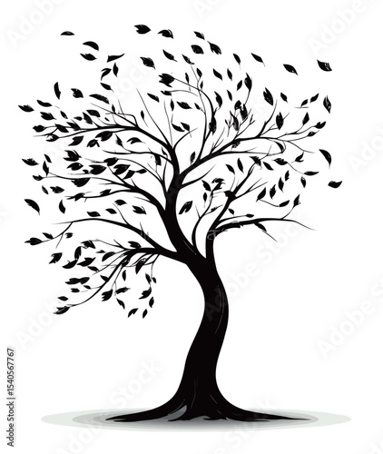 A stylized black silhouette of a tree shedding leaves against a white background.