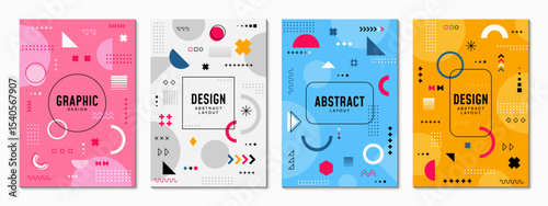 Memphis posters with abstract geometric shapes. Vector backgrounds, vertical covers, layouts or card templates with bright colors and playful hipster patterns, evoke creativity and modernism 80s vibe