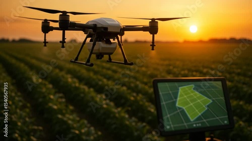 Agricultural drone over field at sunset shows precision farming in action. Drone technology supports efficient field monitoring. Agricultural drone flies above farmland during golden hour.