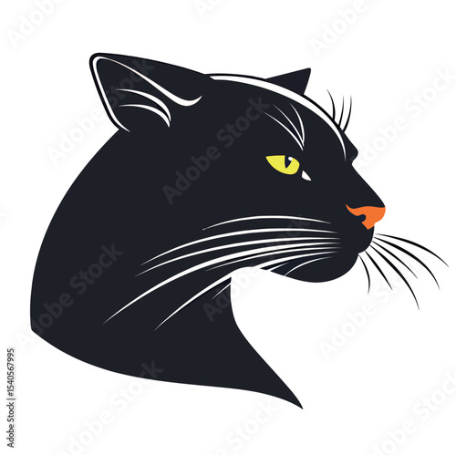 Stylized silhouette of a black cat's head with striking green eyes.