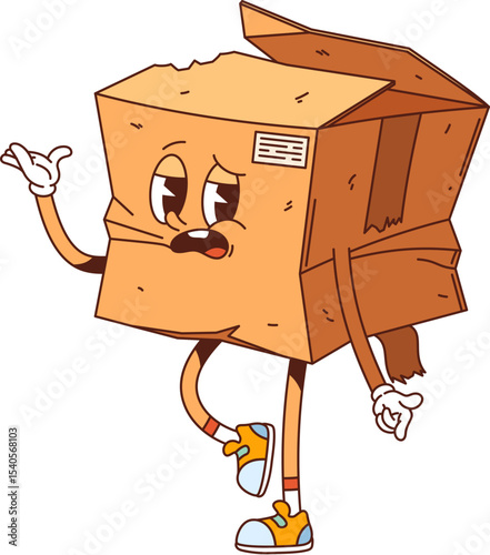 Cartoon groovy damaged delivery cardboard box character. Vector retro crumpled, broken, crushed or ripped cargo delivery package hippie y2k personage with unhappy expression represents shipping errors