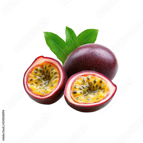 Passion Fruit Composition: A stunning shot of passion fruit and vibrant green leaves, showcasing the unique texture and exquisite taste of this tropical delight, with a light, airy feel.