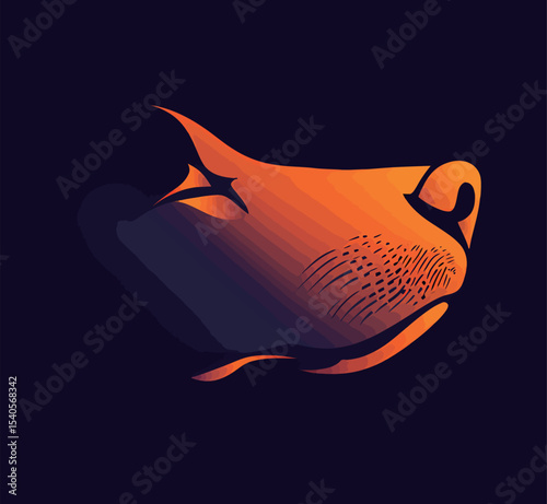 Abstract orange dog silhouette against a deep blue background.