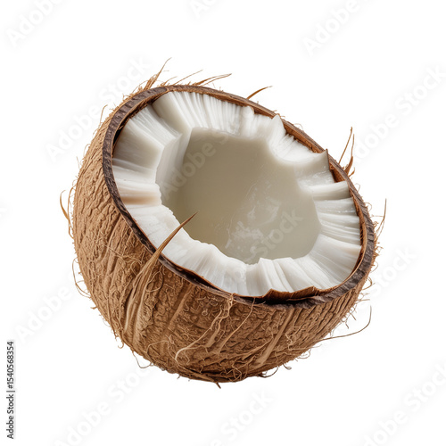 Fresh Coconut Half: A vibrant close-up captures a freshly cut coconut, revealing its pure white flesh and refreshing essence, a symbol of tropical delights.