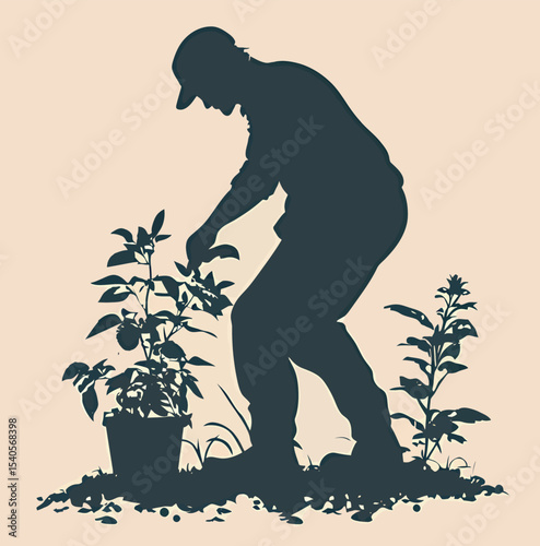 Silhouette of a male gardener nurturing plants in a pot.