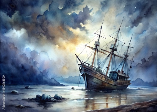 Wallpaper Mural Abandoned Ship on Ghost Sea Watercolor Torontodigital.ca