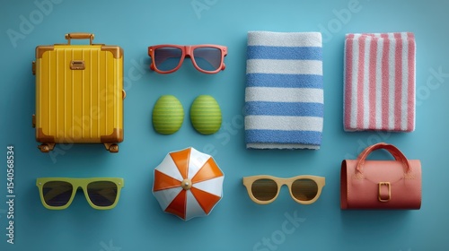 A digital illustration of summer vacation icons including luggage, beach towels, and sun glasses.