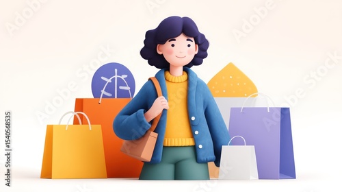 A digital illustration of a person happily shopping, taking advantage of a special offer in-store.
