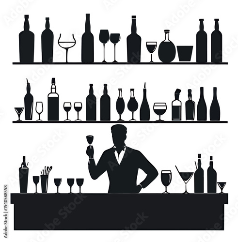 Silhouette of a bartender holding a cocktail behind the bar, surrounded by various drinks.