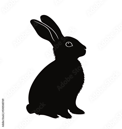 Silhouette of a black rabbit sitting gracefully against a white background.