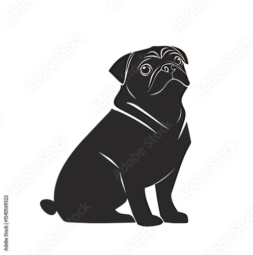 A sleek, stylized black pug sitting confidently.