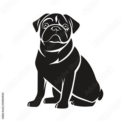 Stylized black pug sitting gracefully with an inquisitive expression.