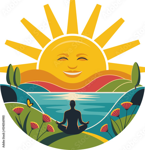 Glowing sun with landscape and calm seated figure symbolizing sunrise meditation and seasonal transition  