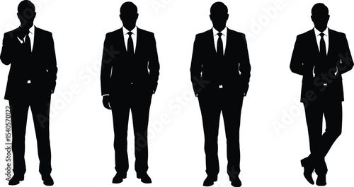 Businessman silhouette standing in suit, professional male poses, corporate posture collection, formal wear figure, executive man vector illustration clipart