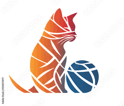 Stylized orange cat silhouette next to a blue yarn ball.