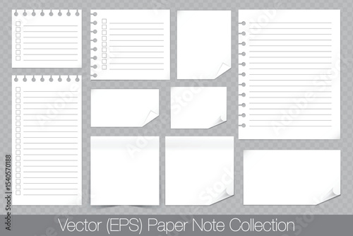 Realistic white clean paper notes with curled and folded edges, white notes with empty fields, white sticky notes isolated on transparent background