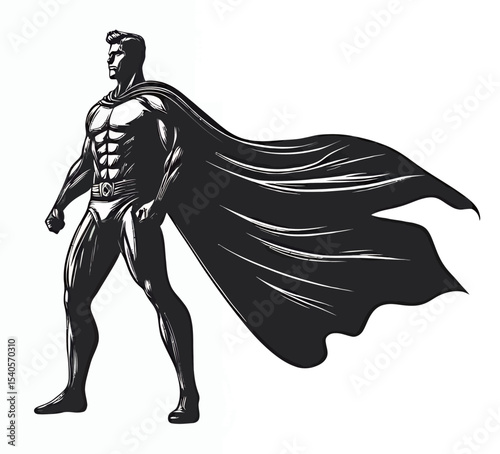 Stylized male superhero in silhouette with flowing cape and muscular physique.