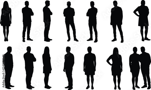 Silhouettes of men and women standing, side and front views, casual pose collection, modern people outline, vector illustration clipart