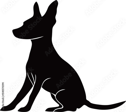 Silhouette of a sitting dog with perked ears on a white background.