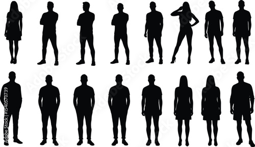 Silhouette of standing men and women, full body poses, group people clipart, casual human figures, vector illustration, black shadow style
