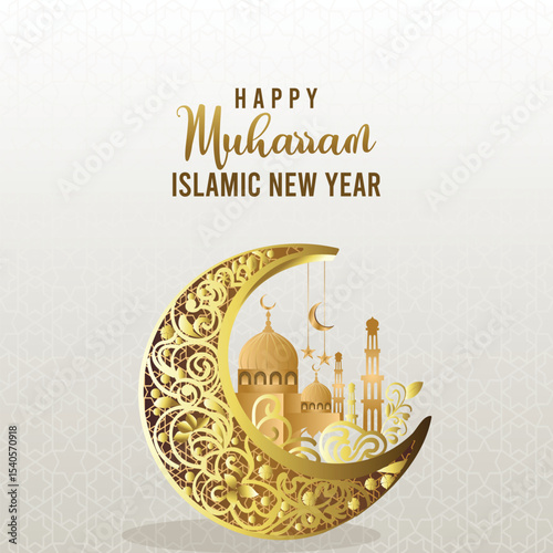 New Hijri year islamic greeting  calligraphy with 3d moon and Mosque, flowers vector illustration. Happy Muharram celebration.