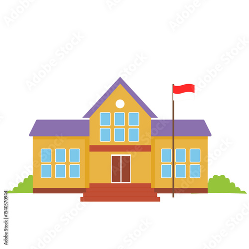 Elementary school building with flag illustration