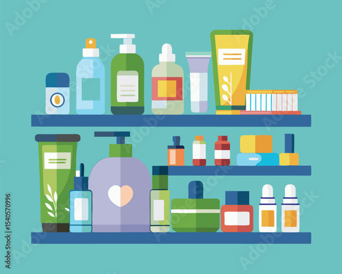 Organized Beauty and Cosmetic Products on Shelves