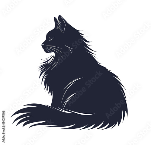 Silhouette of a regal domestic cat with a fluffy coat.