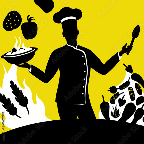 Culinary Artistry Black Silhouette Chef Tossing Vegetables in a Pan