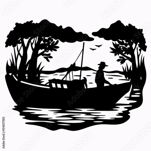 Serene Silhouette A Boatman's Silhouette on a Tranquil Lake SVG