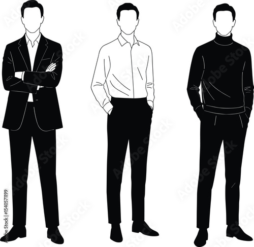 Stylish men standing, fashion male pose, modern outfit vector, formal and casual wear illustration, business man silhouette, black and white