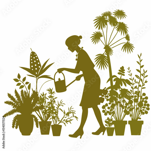Silhouette of Gardener Tending Lush Garden Watering Plants, Cultivating Growth