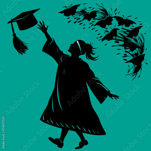Celebrating Graduation Silhouette of a Graduate Throwing Hat and Birds Taking Flight